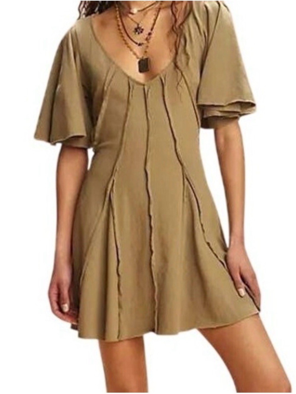 NWT Free People Olive V-Neck Flutter Sleeve Mini Dress